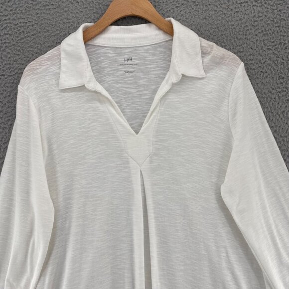 J Jill Top Womens Large White Slub Knit Pima Center Pleat Tunic Collar Pullover - Picture 2 of 10